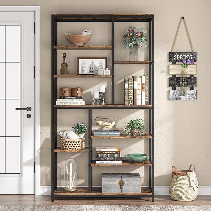 Modern 8-Tier Staggered Bookcase - 79 Inches Tall, Wide Wood Etagere Shelving Unit - LeafyLoom