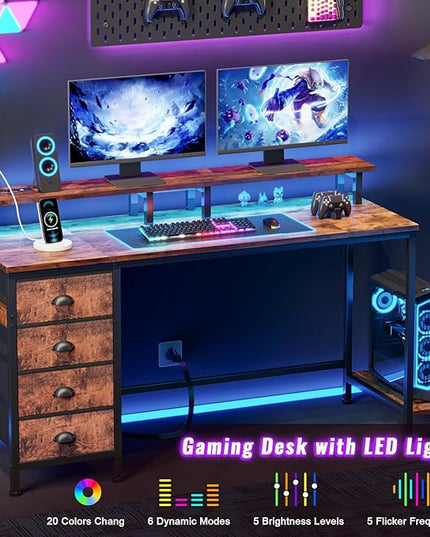 Furologee 55in Computer Desk with 4 Drawers, LED Gaming Desk with Power Outlets, Office Desk with Full Monitor Stand and Storage Shelf, Study Work Desk for Home Office Bedroom, Rustic Brown - LeafyLoom