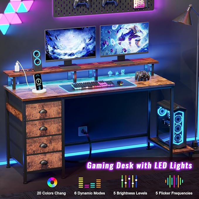 Furologee 55in Computer Desk with 4 Drawers, LED Gaming Desk with Power Outlets, Office Desk with Full Monitor Stand and Storage Shelf, Study Work Desk for Home Office Bedroom, Rustic Brown - LeafyLoom