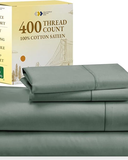 California Design Den 400 Thread Count 100% Cotton Sheets, King Size Sheet Set, 4 Pc, Luxury Sheets & Pillowcases, Breathable Bedding for King Bed, Sateen, King Bed Sheets, Deep Pockets (Sage Green) - LeafyLoom