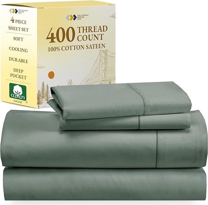California Design Den 400 Thread Count 100% Cotton Sheets, King Size Sheet Set, 4 Pc, Luxury Sheets & Pillowcases, Breathable Bedding for King Bed, Sateen, King Bed Sheets, Deep Pockets (Sage Green) - LeafyLoom