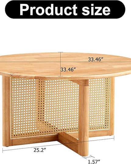33.5" inch Round Coffee Table with Soild Wood Tabletop, Modern Coffee Table with Faux Rattan Weave & Solid Wood Bracket, for Living Room Bedroom - LeafyLoom