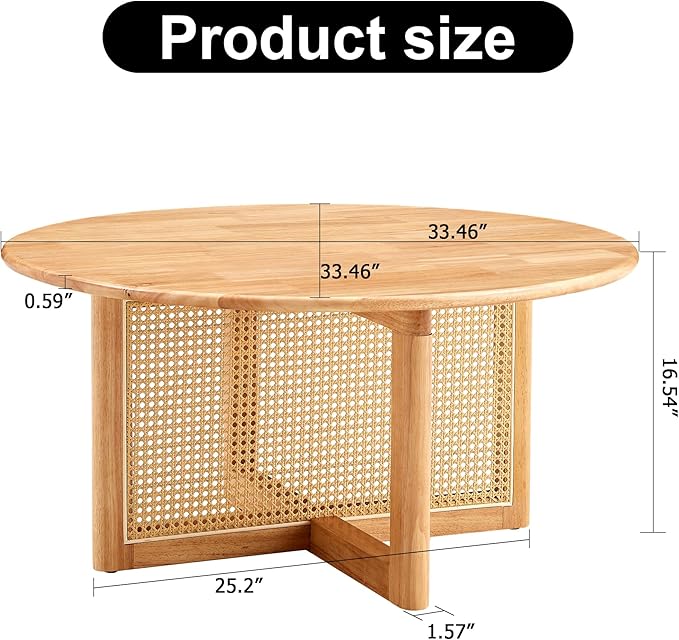 33.5" inch Round Coffee Table with Soild Wood Tabletop, Modern Coffee Table with Faux Rattan Weave & Solid Wood Bracket, for Living Room Bedroom - LeafyLoom