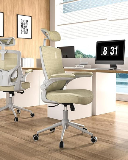 𝑯𝑶𝑴𝑬 𝑶𝑭𝑭𝑰𝑪𝑬 𝑪𝑯𝑨𝑰𝑹, Ergonomic Mesh Desk Chair, High Back Computer Chair- Adjustable Headrest with Flip-Up Arms, Lumbar Support, Swivel Executive Task Chair (Modern, Beige) - LeafyLoom