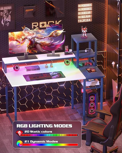 armocity 2024 Upgrade Gaming Desk with LED Lights, Small Computer Desk with Long Monitor Stand, 40'' Reversible Laptop Table with Shelves, Small Desk for Small Spaces, Gaming Room, White and Blue - LeafyLoom