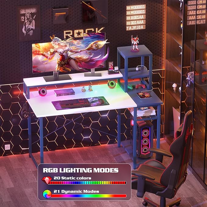 armocity 2024 Upgrade Gaming Desk with LED Lights, Small Computer Desk with Long Monitor Stand, 40'' Reversible Laptop Table with Shelves, Small Desk for Small Spaces, Gaming Room, White and Blue - LeafyLoom