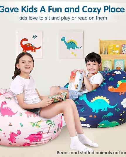 Lukeight Stuffed Animal Storage Bean Bag Chair Cover for Kids, Dinosaur Zipper Beanbag Chair Cover for Organizing Toddler & Kids' Rooms Plush Toys (Dinosaur Navy, X-Large) - LeafyLoom