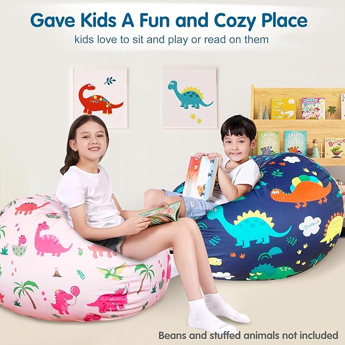 Lukeight Stuffed Animal Storage Bean Bag Chair Cover for Kids, Dinosaur Zipper Beanbag Chair Cover for Organizing Toddler & Kids' Rooms Plush Toys (Dinosaur Navy, X-Large) - LeafyLoom