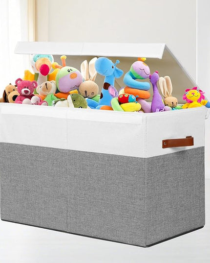 Large Toy Storage Box with Lid, Sturdy Toys Storage Chest Bin Organizer Basket with Dividers for Kids, Boys, Girls, Nursery, Closet, Bedroom, Playroom 25"x13" x16" (Grey and White) - LeafyLoom