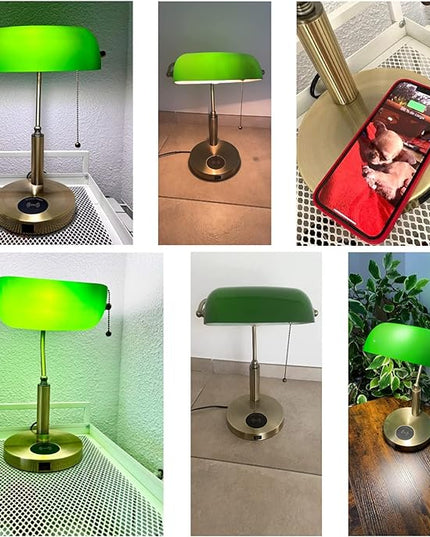 FIRVRE Glass Bankers Desk Lamp USB Wireless Charging Port LED Desk Lamp Classic Retro Pull Chain Switch Table lamp Reading Modern for Home Office nightstand Bedside Study Desk Library (Green) - LeafyLoom