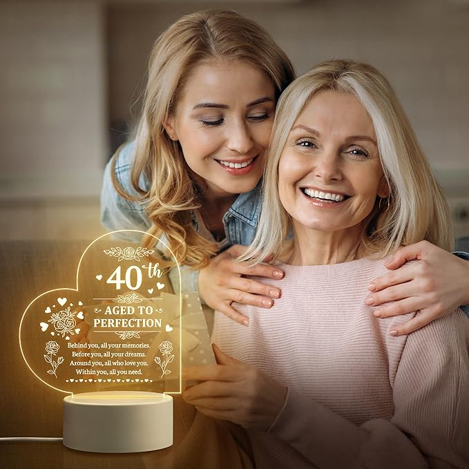 40th Birthday Gifts for Women, Personalized Night Light, 40 Year Old Gifts for Women, Happy 40th Birthday Gifts Ideas for Wife, Mom, Daughter, Sister, Aunt, Best Friends, BFF, Coworkers - LeafyLoom