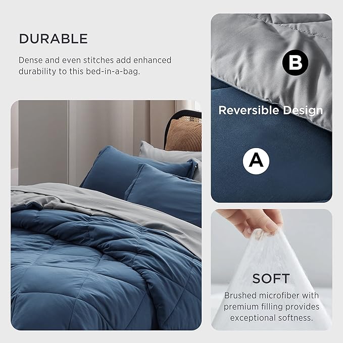 Bedsure Navy Bedding Set Queen - 7 Pieces Reversible Bed Sets in a Bag with Comforters, Sheets, Pillowcases & Shams, Comforter - LeafyLoom