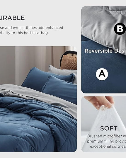 Bedsure Navy California King Comforter Set - 7 Pieces Reversible Bed Set, Bed in a Bag Cal King with Comforters, Sheets, Pillowcases & Shams - LeafyLoom