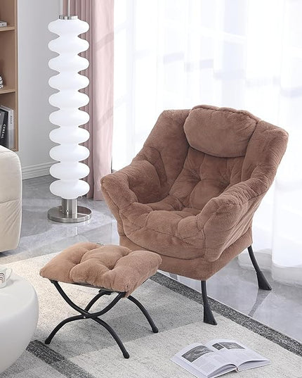 Lazy Chair with Ottoman, Modern Accent Chair Contemporary Lounge Leisure Upholstered Sofa Chair Set with Armrests, Reading Chair for Living Room, Bedroom, Office, Plush Brown - LeafyLoom