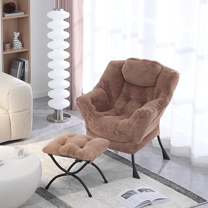 Lazy Chair with Ottoman, Modern Accent Chair Contemporary Lounge Leisure Upholstered Sofa Chair Set with Armrests, Reading Chair for Living Room, Bedroom, Office, Plush Brown - LeafyLoom