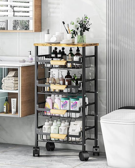 Wisdom Star 5 Tier Fruit Basket for Kitchen, Vegetable Storage Cart with Wooden Tabletop, Vegetable Basket Bins for Onions and Potatoes, Wire Storage Basket Organizer Utility Cart with Wheels, Black - LeafyLoom