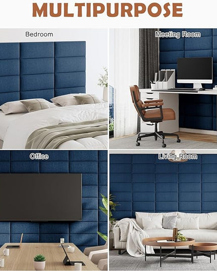 Upholstered Wall Mounted Headboard, 3D Soundproof Wall Panels Peel and Stick Headboard for King Size, Reusable and Removable Tufted Bed Headboard in Navy Blue(12 Panels, 10" x 24") - LeafyLoom