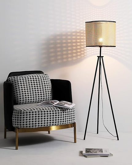 Gal - Mid Century Bohemian Tripod Table Floor with PVC Rattan Shade and Velvet Rim for Bed Dining, Kitchen, Living Room, Beige - LeafyLoom