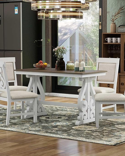 NicBex Dining Table Set for 4 Kitchen & Dining Room Tables 5-Piece Retro Dining Set, Rectangular Wooden Dining Table and 4 Upholstered Chairs for Dining Room and Kitchen, Brown + White - LeafyLoom