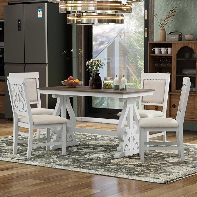 NicBex Dining Table Set for 4 Kitchen & Dining Room Tables 5-Piece Retro Dining Set, Rectangular Wooden Dining Table and 4 Upholstered Chairs for Dining Room and Kitchen, Brown + White - LeafyLoom