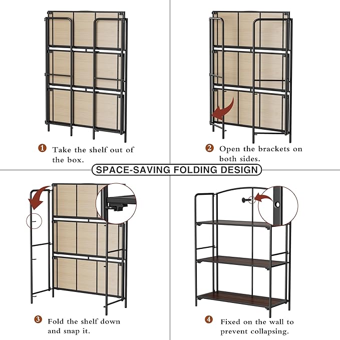 No Assembly Folding Bookshelf, 3 Tier Black Bookshelf, Metal Book Shelf for Storage, Folding Bookcase for Office Organization and Storage, 12.87" D x 30.9" W x 42.33" H - LeafyLoom