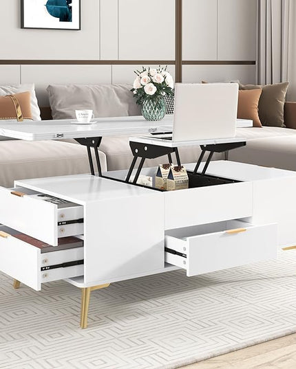 47 Inch Lift Top Coffee Table with 4 Drawers, Modern Center Table with Extendable Tabletop and Open Shelf, Multi Functional Coffee Table for Living Room, White - LeafyLoom