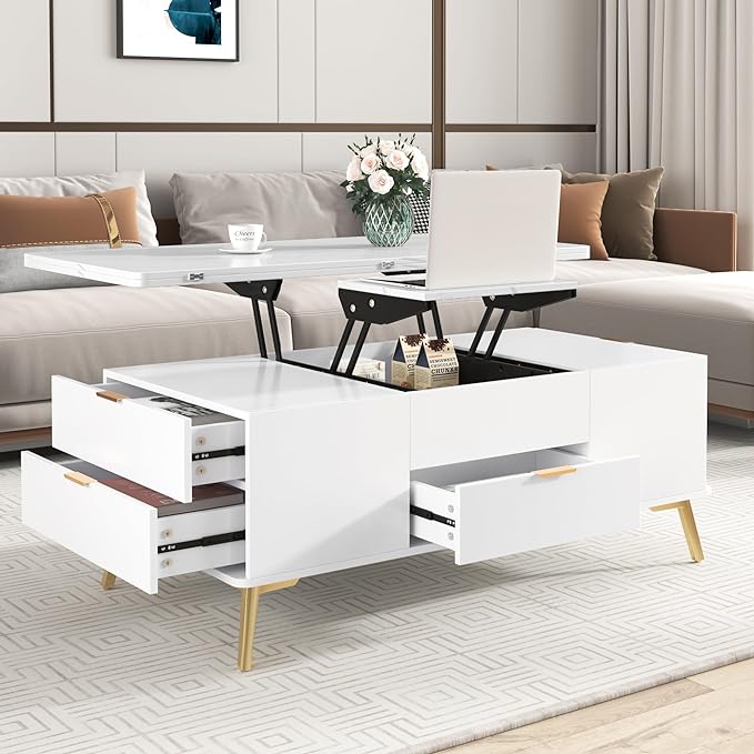 47 Inch Lift Top Coffee Table with 4 Drawers, Modern Center Table with Extendable Tabletop and Open Shelf, Multi Functional Coffee Table for Living Room, White - LeafyLoom