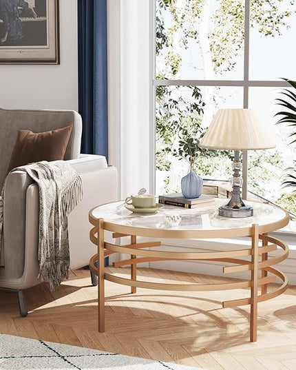 Round Coffee Table Coffee Tables for Living Room Sintered Stone Marble Top Sturdy Metal Frame (Golden, 31.50 inches) - LeafyLoom