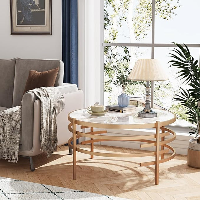Round Coffee Table Coffee Tables for Living Room Sintered Stone Marble Top Sturdy Metal Frame (Golden, 31.50 inches) - LeafyLoom