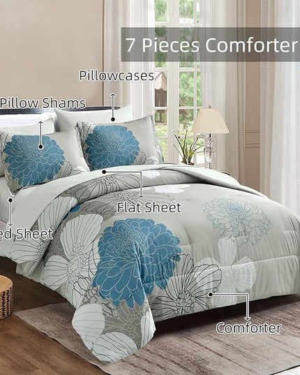 Yiran 7 Pieces Bed in a Bag Blue Floral Comforter Set Queen Size Flowers Comforter Set Soft Microfiber Bedding Set (1 Comforter 1 Flat Sheet 1 Fitted Sheet 2 Pillowshams 2 Pillowcases) - LeafyLoom