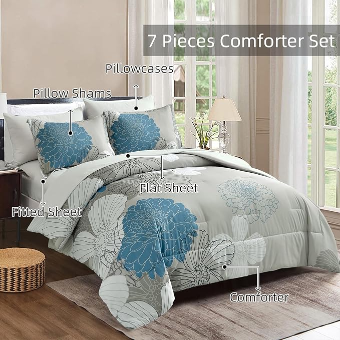 Yiran 7 Pieces Bed in a Bag Blue Floral Comforter Set Queen Size Flowers Comforter Set Soft Microfiber Bedding Set (1 Comforter 1 Flat Sheet 1 Fitted Sheet 2 Pillowshams 2 Pillowcases) - LeafyLoom