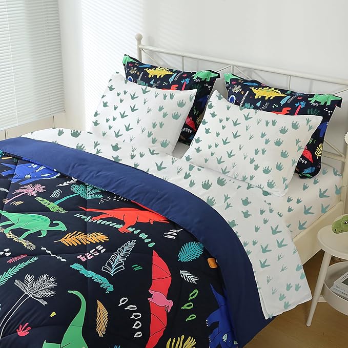 Kids Boys Dinosaur Comforter Set Full Size 7 Piece Bed in a Bag Colorful Dino Bedding Set for Child Teens (1 Comforter, 1 Flat Sheet, 1 Fitted Sheet, 2 Pillow Shams, 2 Pillowcases) - LeafyLoom