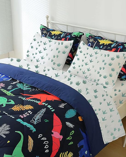 7 Piece Dinosaur Bedding Set Queen Size for Kids Boys Teens Cartoon Blue Dino Comforter Set with Sheet Colorful 3D Print Bed in a Bag - LeafyLoom