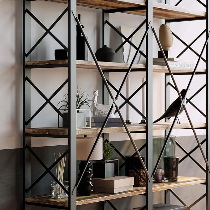 IRONCK Bookshelves Double Wide 6-Tier 76" H, Open Large Bookcase, Industrial Style Shelves for Home Office, Easy Assembly - LeafyLoom