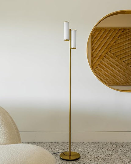 Brightech Gemini Floor Lamp, Dimmable Standing Lamp with Two Lights for Bedroom Reading, Modern Tall Tree Lamp for Offices, Mid-Century LED Lamp for Living Rooms, Great Living Room Decor - Gold/Brass - LeafyLoom