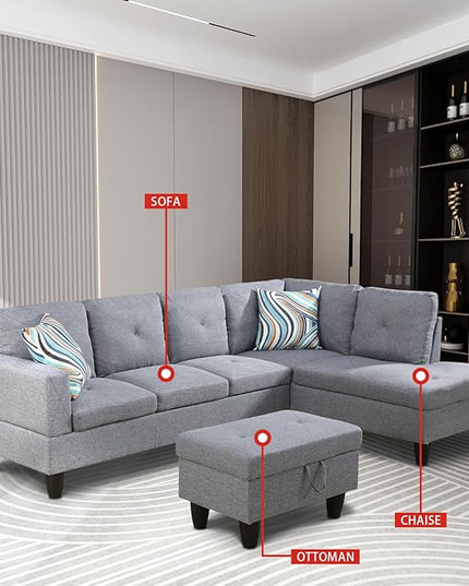 ROOMTEC Button L Shape Sectional Sofa Set, 5 Seat Upholstered Corner Couch with Storage Ottoman, Luxurious Linen Tufted Cushions, for Living Room, Apartment, 97inch, Agate Grey w/Right Chaise Lounge - LeafyLoom