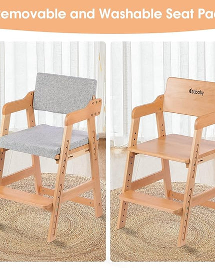 Ezebaby Wooden High Chair, Adjustable Highchair for Toddlers to Teens with Steps, Kids Dining Chair, Study Chair with Removable Cushion (Natural Color) - LeafyLoom