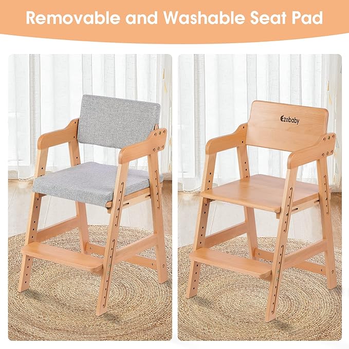 Ezebaby Wooden High Chair, Adjustable Highchair for Toddlers to Teens with Steps, Kids Dining Chair, Study Chair with Removable Cushion (Natural Color) - LeafyLoom