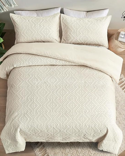WONGS BEDDING Beige Comforter Set Queen Size(90"×90"), Reversible Boho Geometric Textured Bedding Comforter Sets - 3 Pieces Soft Microfiber Ultrasonic Bedding with 2 Pillowcases - LeafyLoom
