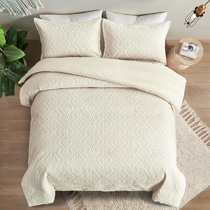 WONGS BEDDING Beige Comforter Set Queen Size(90"×90"), Reversible Boho Geometric Textured Bedding Comforter Sets - 3 Pieces Soft Microfiber Ultrasonic Bedding with 2 Pillowcases - LeafyLoom