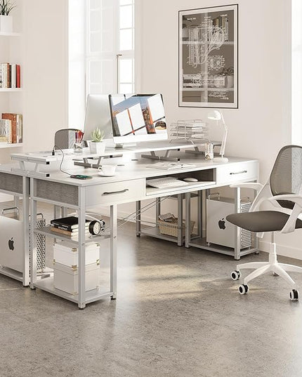 ODK Computer Desk with Drawers & Power Outlet, 63 Inch Office Desk with Keyboard Tray & Storage Shelves & PC Stand, Large Office Table Work Desk with Monitor Stand, White - LeafyLoom