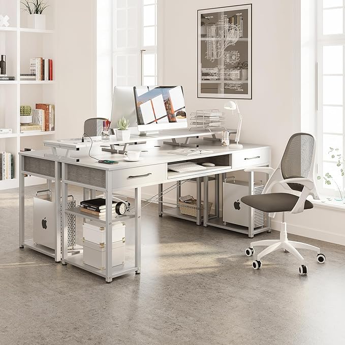 ODK Computer Desk with Drawers & Power Outlet, 63 Inch Office Desk with Keyboard Tray & Storage Shelves & PC Stand, Large Office Table Work Desk with Monitor Stand, White - LeafyLoom