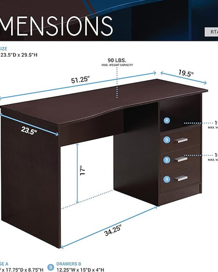 Techni Mobili Classic Computer Desk with Multiple Drawers, 29.5" x 23.6" x 51.2", Wenge - LeafyLoom