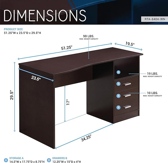 Techni Mobili Classic Computer Desk with Multiple Drawers, 29.5" x 23.6" x 51.2", Wenge - LeafyLoom