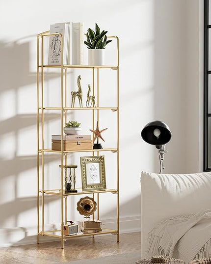 No Assembly Folding Bookshelf, 5 Tier Gold Bookshelf, Metal Book Shelf for Storage, Folding Bookcase for Office Organization and Storage, 12.87" D x 22.91" W x 68.1" H - LeafyLoom