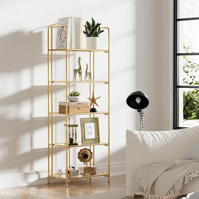No Assembly Folding Bookshelf, 5 Tier Gold Bookshelf, Metal Book Shelf for Storage, Folding Bookcase for Office Organization and Storage, 12.87" D x 22.91" W x 68.1" H - LeafyLoom