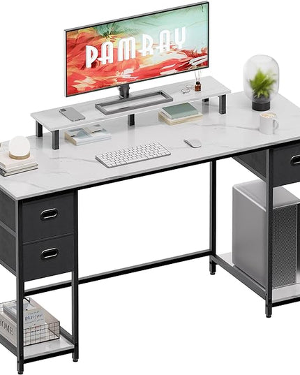Pamray 55 Inch Computer Desk with Non-woven Storage Drawers and Monitor Stand Home Office Desk for Bedroom Study Table Writing and Work Desk White Marble - LeafyLoom
