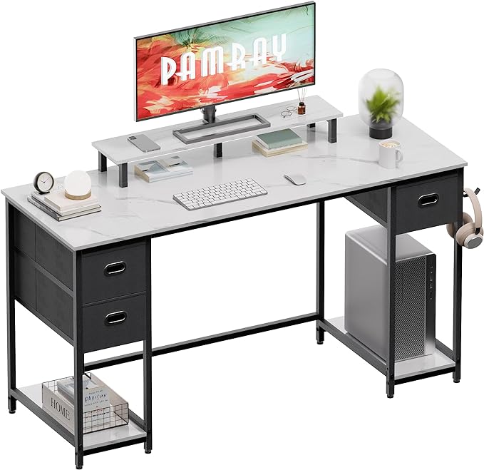 Pamray 55 Inch Computer Desk with Non-woven Storage Drawers and Monitor Stand Home Office Desk for Bedroom Study Table Writing and Work Desk White Marble - LeafyLoom