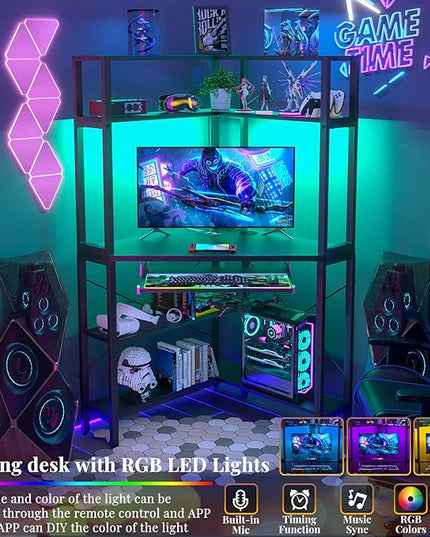 Cyclysio Small Corner Desk with Hutch, Corner Gaming Desk with LED Light & Power Outlets, Computer Desk with Keyboard Tray, Triangel Desk for Small Space, Home Office, Workstation, Black - LeafyLoom