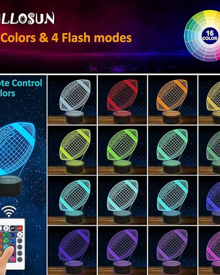 FULLOSUN Football 3D Night Light, American Football 3D Illusion Lamp for Kids with Remote 16 Colors Changing, Creative Birthday Rugby Gifts for Boy Girl Bedroom Decoration - LeafyLoom